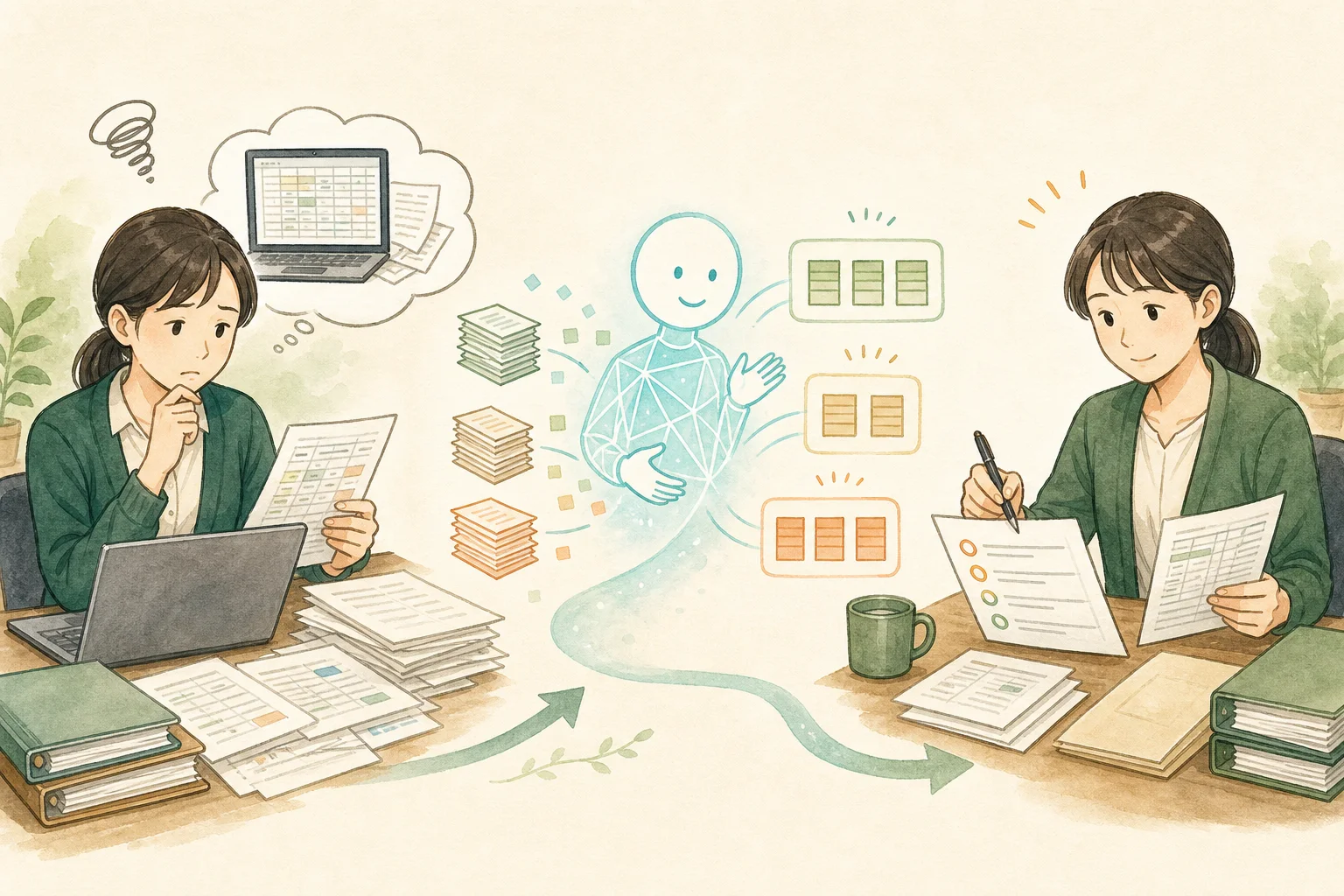 経理担当者が財務資料に悩み、AIに数字を整理してもらい、最後に自分で確認する3段階のイラスト
